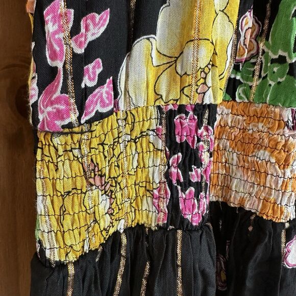 Me 2 Magic Anthropologie Maxi Dress 1X Dark Floral Metallic Tiered Smocked - Picture 5 of 8